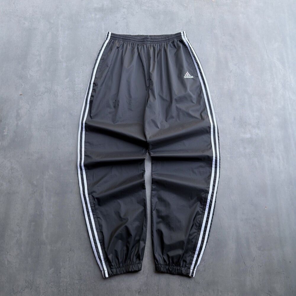 Vintage Adidas Track Pants Mens Medium Black Nylon Tapered 3 Stripes Zip Legs